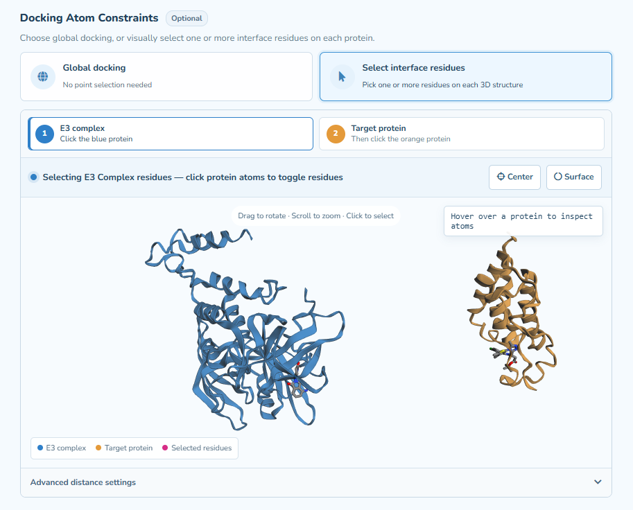 Interactive atom selection for protein-protein docking constraints