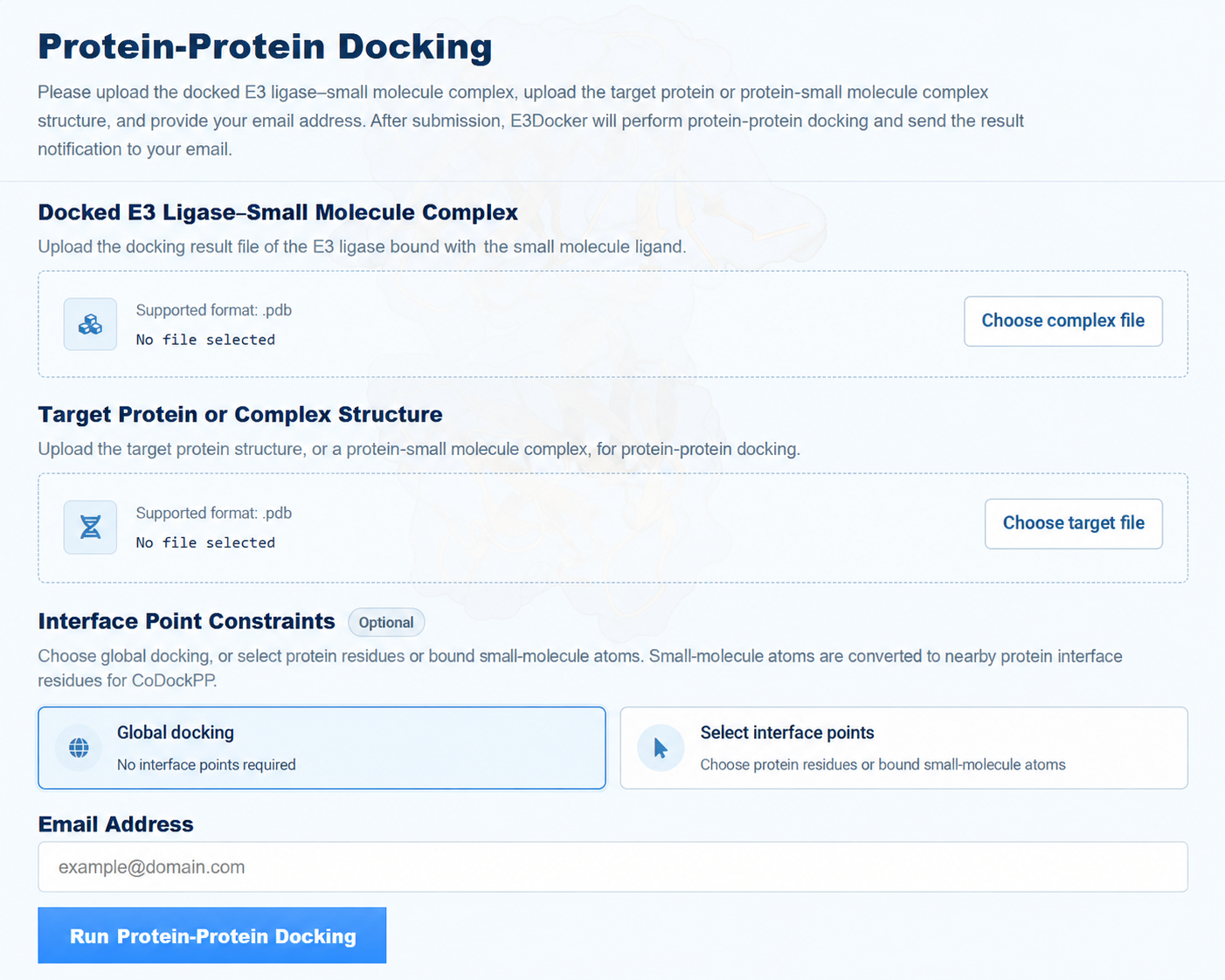 Protein-protein docking form with global and interface-point constraint modes